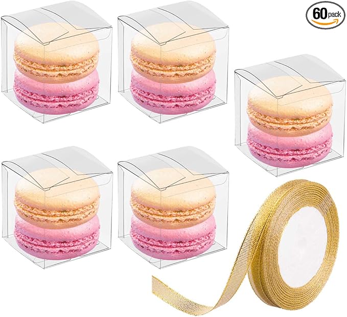 JOERSH 2x2x2 Inches Clear Boxes for Favors with Gift Ribbons, 60 PCS Mini Transparent Cube Wedding Baby Shower Birthday Party Favor Boxes, Small Gifts Display Individual Macaron Box