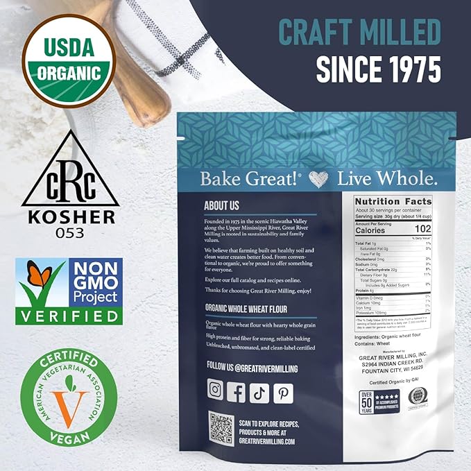 Great River Milling Organic Whole Wheat Flour | Unbleached & Unbromated | High Protein & Fiber | Non-GMO, Kosher | Perfect for Sourdough, Bread, Rolls, Baking, Cooking & More | 2 Lb
