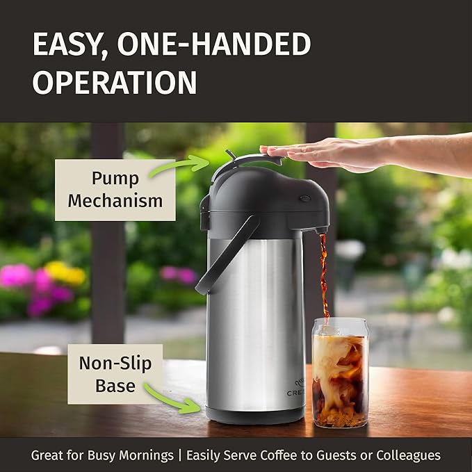 Cresimo Coffee Carafe with Pump - 102oz / 3L Airpot 12 Hours Large Hot Water Carafe, Cocoa Dispenser for Parties - Tea Flask, Insulated Stainless Steel Air Pots for Hot Beverage Dispenser -Coffee Pump