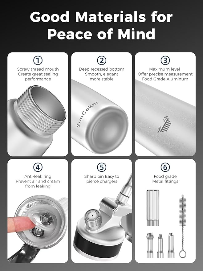 Whipped Cream Dispenser, Aluminum Cream Whipper 500mL/1 Pint,3 Stainless Decorating Nozzles,1 Brush,1Storage Bag,Homemade Cream Maker,N2O Chargers Not Included,Silver