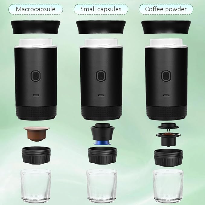 3-in-1 Portable Coffee Maker, Self-Heating Espresso Machine, USB Rechargeable Travel Coffee Maker, Compact for Office, Travel, Camping - Black