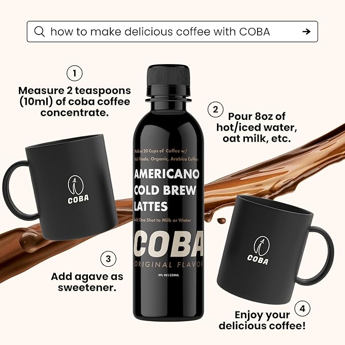 COBA Premium Coffee Concentrate: Bold & Extra Strong Kick - 20x Cups | Instant Cold Brew/ Hot Coffee in Seconds | Specialty, Fair Trade, Organic, Medium Roast, Dairy Free | 2 TEASPOONS/Cup | Rich Flavor (8 Fl Oz (Pack of 1), Original)