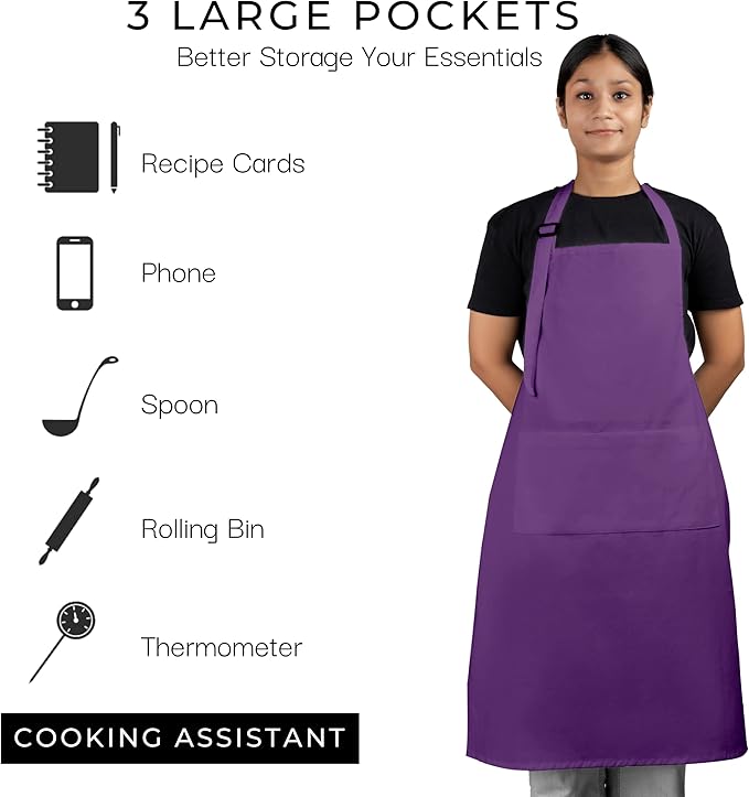 RAJRANG 100% Cotton Cooking Apron with 3 Pockets Kitchen Chef BBQ Adjustable Bib Aprons for Women Men