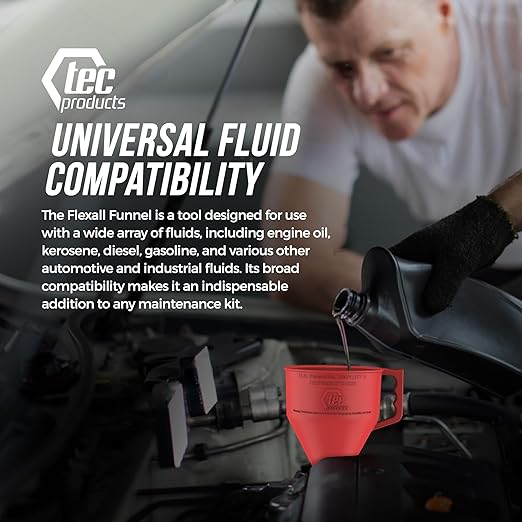 FlexAll Long Flexible Funnel for Automotive Use - Durable Nitrile Rubber - Ideal for Car Oil Change, Transmission Funnel Fluid, Diesel, Fuel, Gas - Made in USA - Red (16 x 5 Inches)