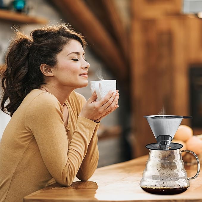 Pour Over Coffee Dripper-Stainless Steel Coffee Filter,Reusable Drip Cone Coffee Filter Portable Pour for 1-4 Cup (With Silicone Ring, L)