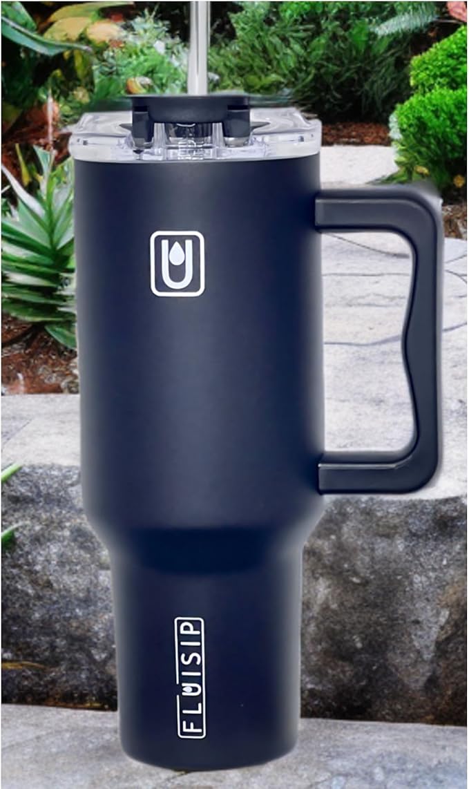 40 oz Insulated Tumbler with Handle, Stainless Steel, Leakproof Lid and Straw, Cup Holder Friendly (Black)