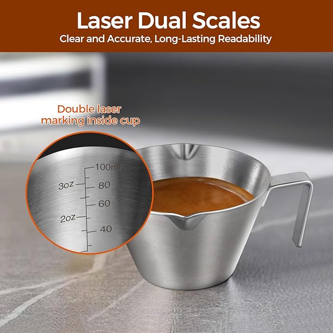4Pcs Stainless Steel Espresso Cups, Double Spout Metal Espresso Measuring Cup with Handle, Dual Scale Espresso Shot Cup with V-Shaped Mouth, 3.4oz/100ml (Silver)