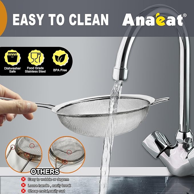 Anaeat Fine Mesh Strainers - Premium Stainless Steel Colander Sieve Sifters, with Durable Mesh and Sturdy Handle, Excellent for Sifting Dry ingredients, Flour, Pastas, Rice, Tea (2.8"+4.73"+7.09")