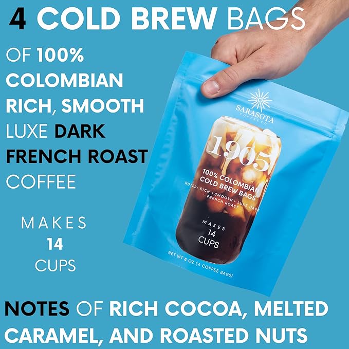 Sarasota Coffee 1905 Cold Brew Coffee Bags | 100% Colombian Dark French Roast | Rich & Smooth | Low Acid Ground Filter Packs | Cold Brew Kit Makes 14 Cups | Bold Luxe Roast Flavor