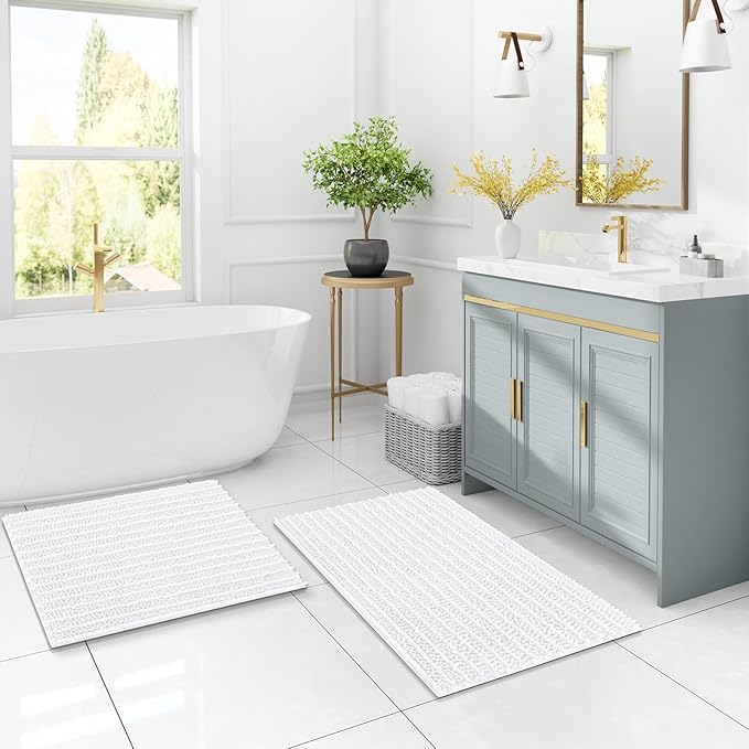 Arotive Luxury Chenille Bathroom Rug Mat, Extra Soft Thick Absorbent Shaggy Bath Rugs, Non-Slip Machine Wash Dry, Plush Bath Mats for Bathroom, Shower and Tub, 40x32, White