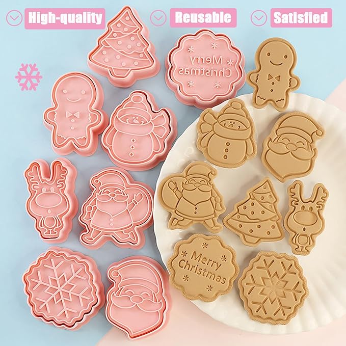 8Pcs Christmas Cookie Cutters, 3D Plastic Snowflake, Santa, Tree, Snowman Design Biscuit Mould and Cutters