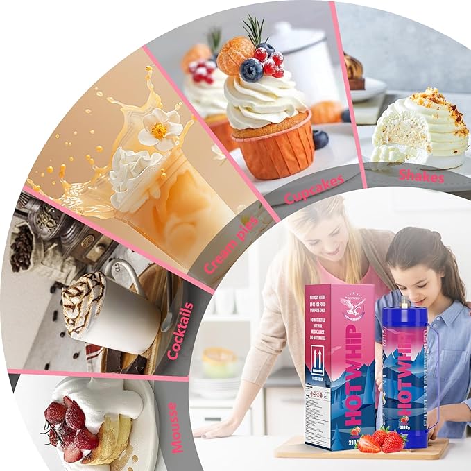 whipped cream charger,4x2112g 3.3L Strawberry Flavor 99.99% Purity Food Grade Premium Whip Cream Cartridge With Nozzle（4,2112g Strawberry)
