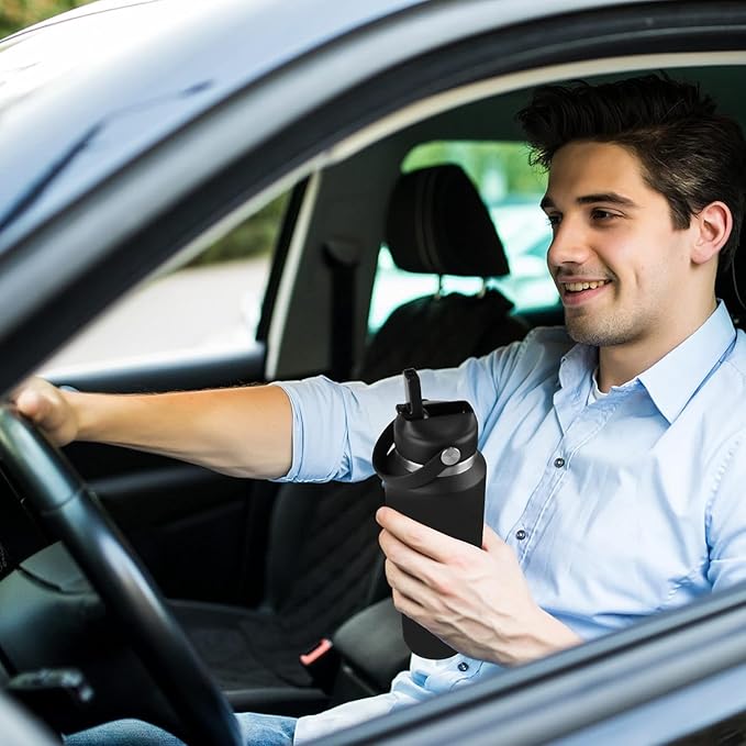 HYDROWION Water Bottle Stainless Steel,Vacuum Insulated Leak Proof Tumbler 32oz with Straw Lid, Spout Lid and Flex Cap(Cold for 48 Hrs, Hot for 24 Hrs), Fit in Any Car Cup Holder, Wood
