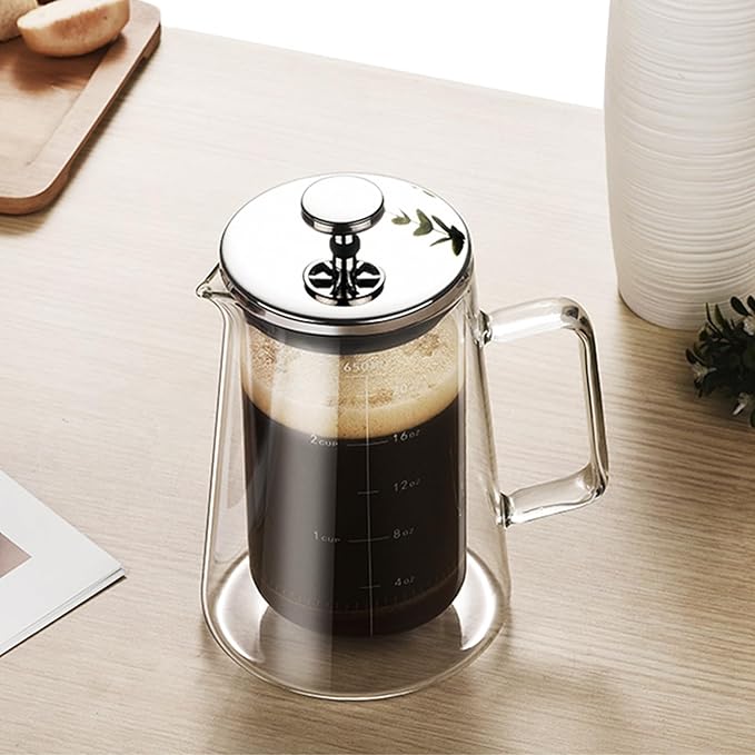 French Press Coffee Maker 22Oz - Double-Wall Insulated Borosilicate Glass - Ergonomic Handle - Coffee Gift - Tea & Coffee Press