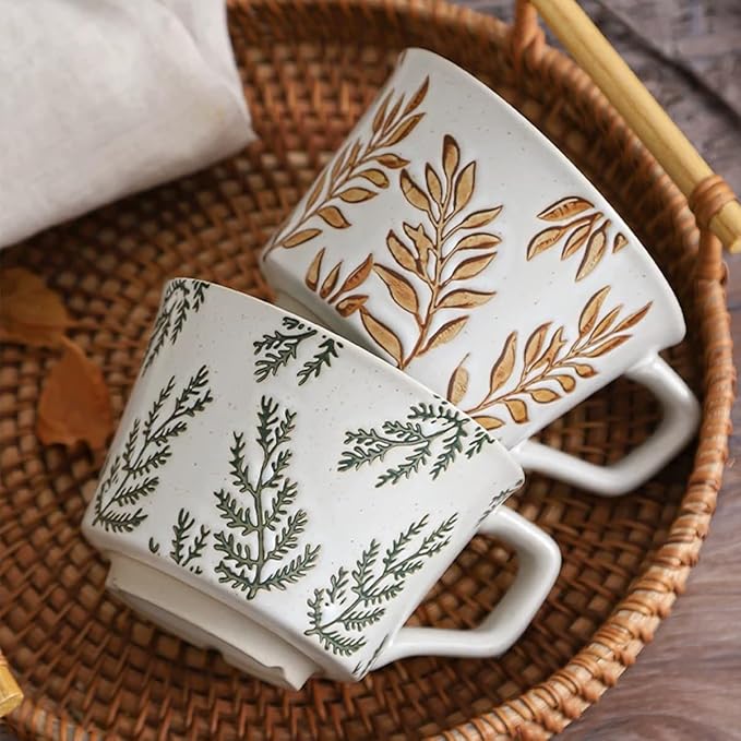 Ceramic Mug Set of 1 With Gold Spoon, 11oz - Vintage Coffee Mug, Pottery Cups for Milk, Latte, Cappuccino, Tea - Porcelain Dishwasher, Microwave Safe Stoneware 1 PCS Brown Leaf Cup