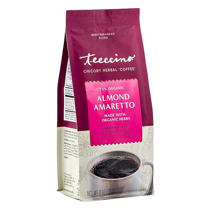 Teeccino Almond Amaretto Chicory Coffee Alternative - Ground Herbal Coffee That’s Prebiotic, Caffeine Free & Acid Free, Medium Roast, 11 Ounce (Pack of 3)