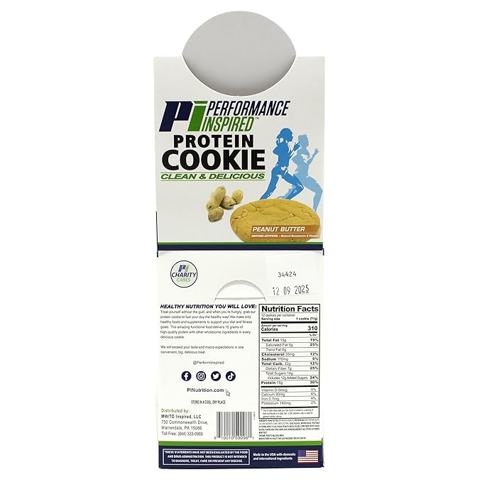 Performance Inspired Nutrition Protein Cookie - Contains: BIG 15G Isolate Proteins - 7G Of Fiber - All Natural - Gluten Free - No Artificial Ingredients - Peanut Butter Flavor - 12 Count
