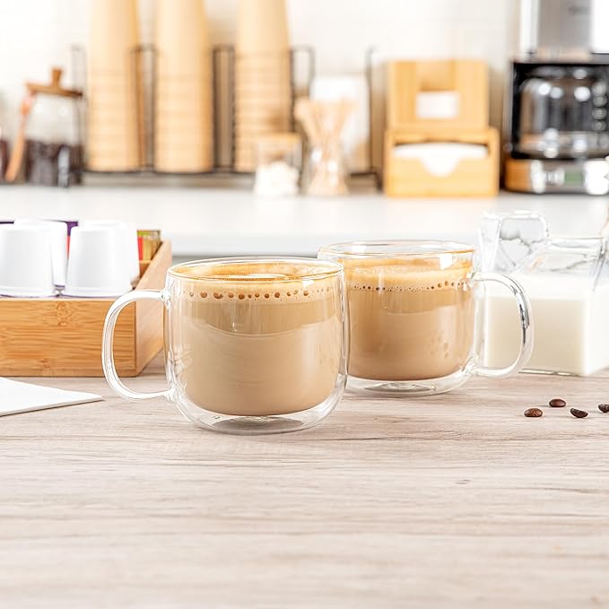 Restaurantware-Forma Professional 16.9 Ounce Double Wall Coffee Mugs, 2 Insulated Coffee Mugs With Handle - Dishwashable, Reusable, Clear Glass Beverage Cups, Freezable, For Hot Or Cold Beverages