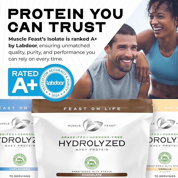 Muscle Feast Hydrolyzed Whey Protein Powder, Grass Fed and All Natural Hormone-Free, Hydro Whey Powder for Men and Women, Gluten Free, Non-GMO, Delicious Hydrolyzed Protein Powder, Chocolate, 2lb