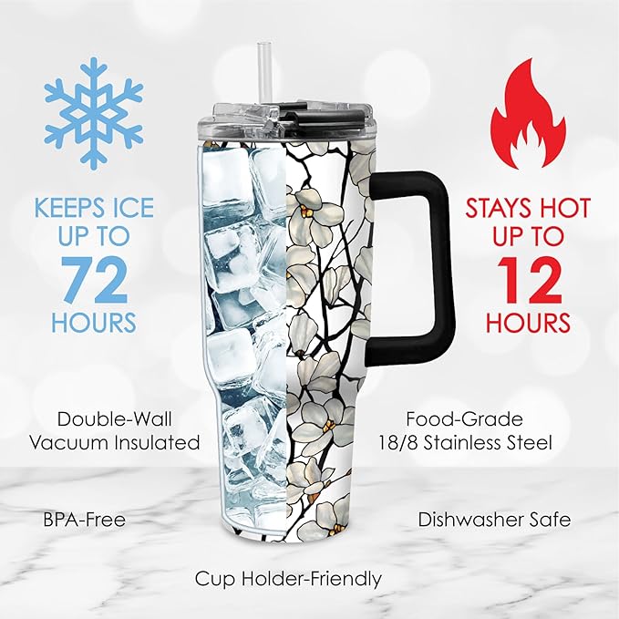RainCaper 18/8 Stainless Steel Insulated Water Tumbler with Straw | 30oz, BPA-Free, Double Wall for Hot & Cold | Travel-Friendly, Cup Holder Ready (Tiffany Magnolia)