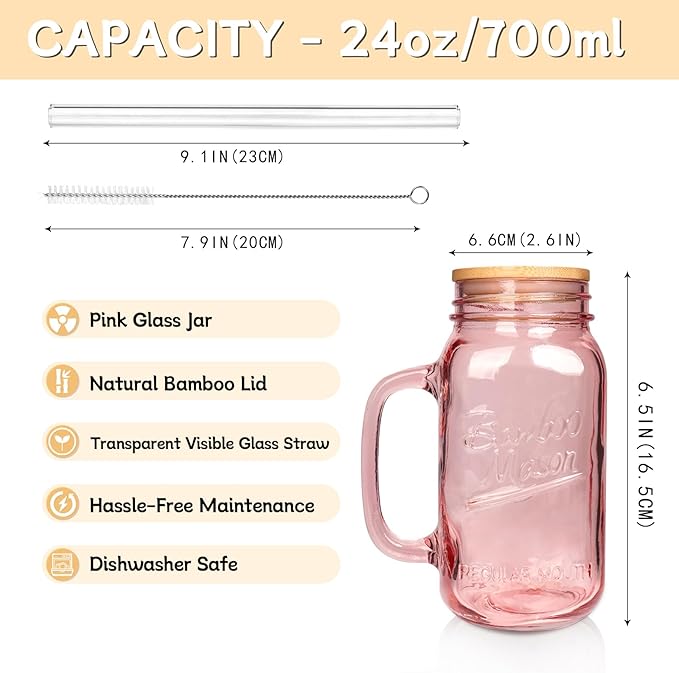 ANOITON Tumbler with Handle and Straw, 24 oz Pink Mason Jars with Handles Drinking Glasses Pink Glassware Colored Glass Cups with Lids and Straws Gifts for Women Birthday Gifts for Women