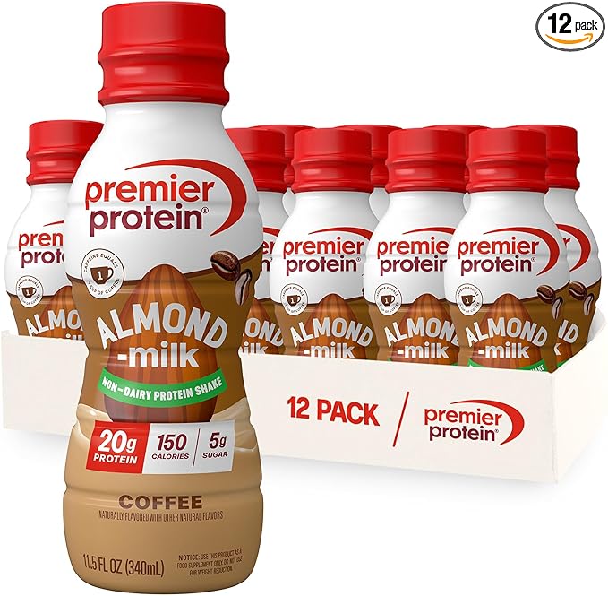 Premier Protein Almondmilk Plant Based Protein Shake, 20g Protein, 5g Sugar, 11.5 Fl oz, Coffee, 12 Count