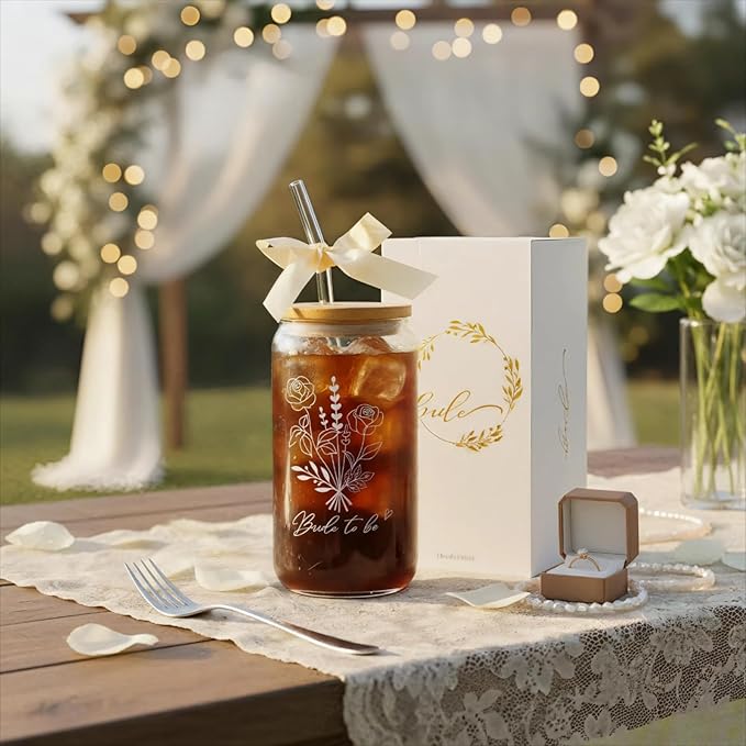 Bride To Be Glass Cup with Lid & Straw-Cute Aesthetic 16oz Iced Coffee Cup Smoothie Tumbler Gift for Engagement Bachelorette Bridal Shower Wedding