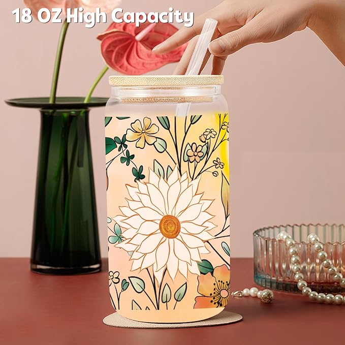Daisy Flowers Iced Coffee Glass Cup, Drinking Glass Cups Lids Straws, Cute Tumbler Cup, Personalized for Women, Thank You Gifts for Teacher, Thanksgiving, Birthday Gifts for Women Her