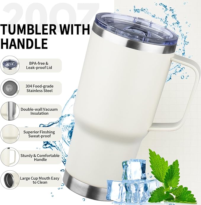 20oz Insulated Tumbler with Handle Stainless Steel Travel Coffee Mug with Lid and Straw Double Wall Vacuum Leak-proof Reusable Thermal Water Cup for Hot and Cold Drinks (Multicolor-4,4 Pack)