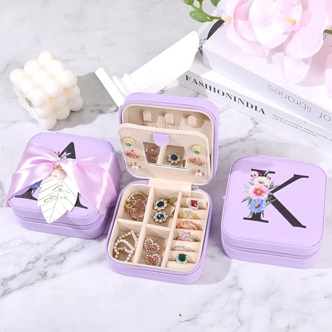 AYGXU Bridesmaid proposal gifts,Travel Initial Jewelry Box for Girls,Travel Jewelry Case,Initial Glass Cup,Cute Tumbler Cup,Small Jewelry Organizer for Teen Girls Gifts,Initial F purple