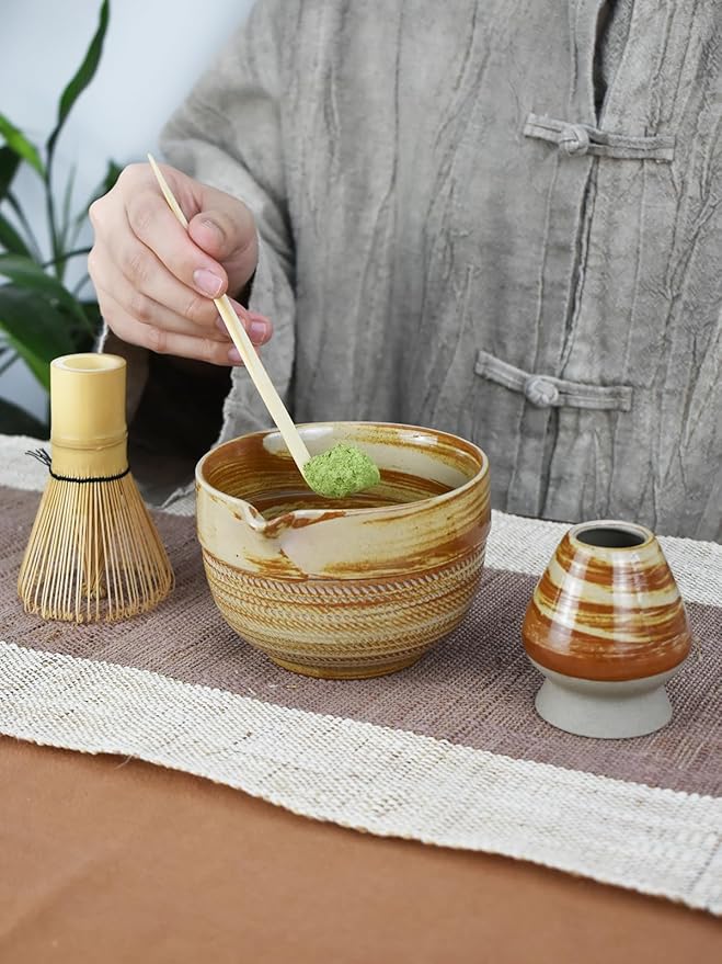 Matcha Tea Set – 4 Piece Traditional Japanese Matcha Kit with Beige & Brown Ceramic Spout Bowl, Whisk, Holder, Scoop & Guide – Authentic Tea Ceremony Set for Home Use