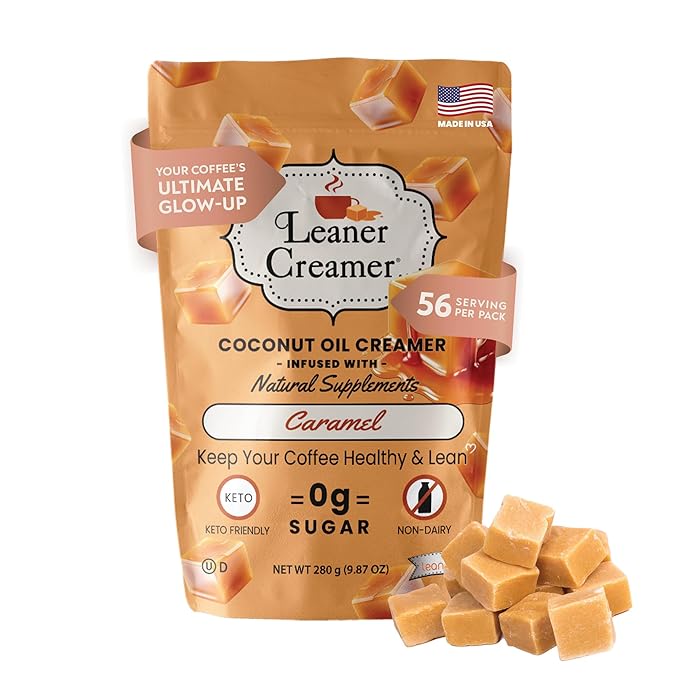 Leaner Creamer Coconut Creamer with Superfood Ingredients – Non-Dairy, Sugar-Free, Keto, Gluten-Free Powdered Coffee Creamer – Caramel – 280g