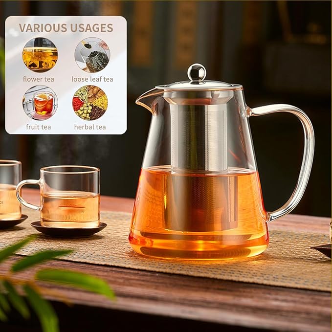 Glass Teapot (32oz/950ml) MJZQCD with Removable Stainless Steel Infuser,Glass Tea Pot transparent Stovetop tea Kettle,Blooming and Loose Leaf Tea Maker,Microwave & Dishwasher Safe