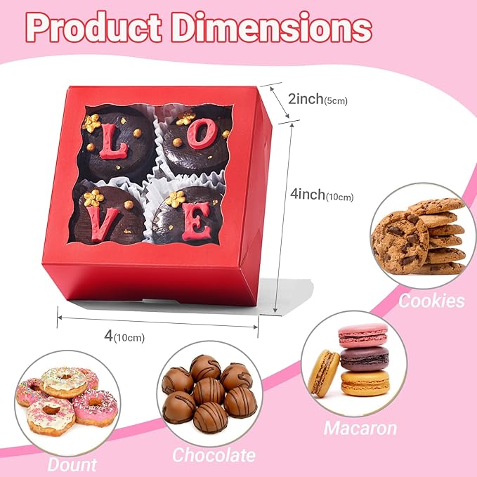 90 PCS 4x4x2 inches Classic Red Bakery Boxes with Window - Macaron, Cookie, Chocolate Truffle, Strawberry & Mini Cake Gift Boxes for Parties, Valentine's, Birthdays, Wedding, Christmas Favors