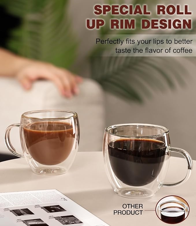 OJA Espresso Cups Set of 2, Hand Blown 5OZ Double Wall Glass Mugs with Handle Perfect for Cappuccino, Latte, Tea, Clear Glass Espresso Shot Cups Suitable for Coffee Machine