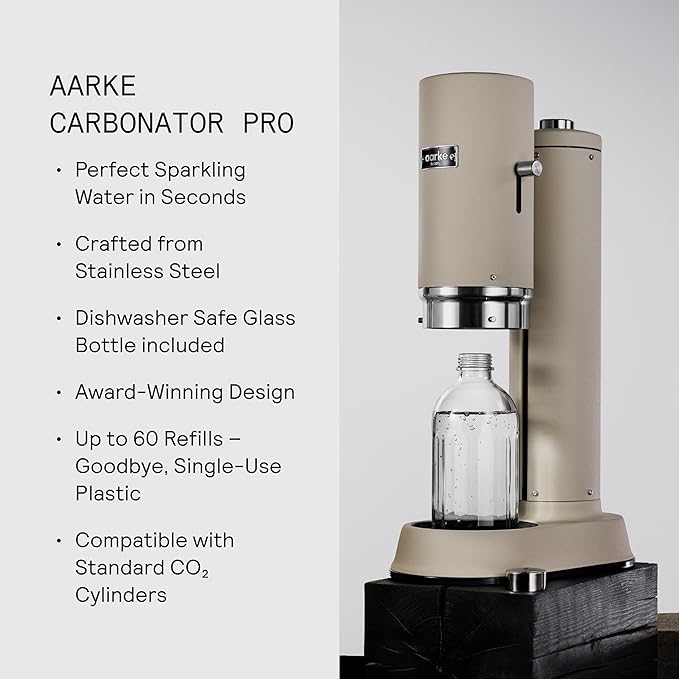 Aarke Carbonator Pro, Sparkling & Carbonation Water Machine, Stainless Steel with Glass Reusable Bottle Volume 800 mL/27 fl oz (Sand)