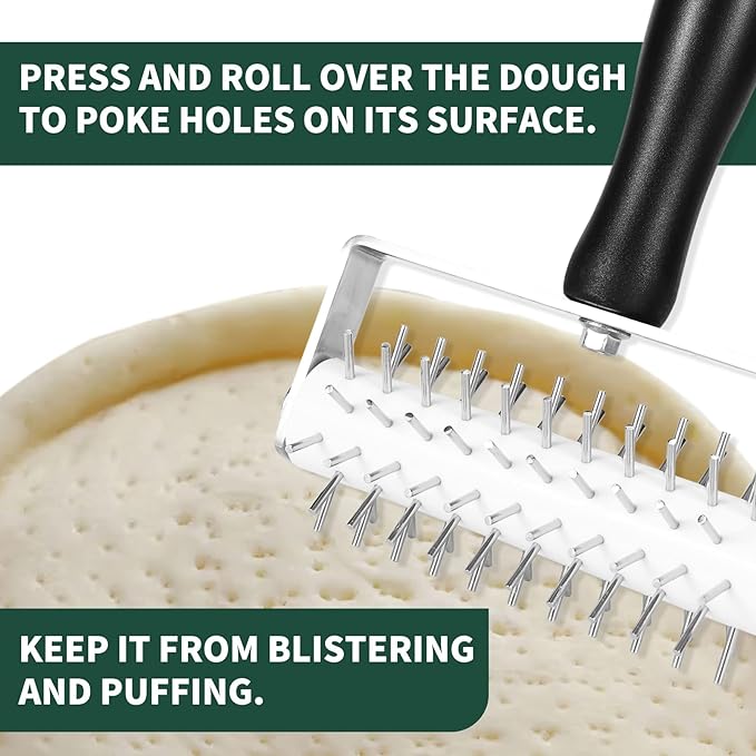 Pizza Dough Docker, Premium Dough Roller with Stainless Steel Spikes, Sturdy Pizza Docking Tool that Prevents Dough from Blistering, Time-Saver for Making Pizza Cookie Pie Pastry