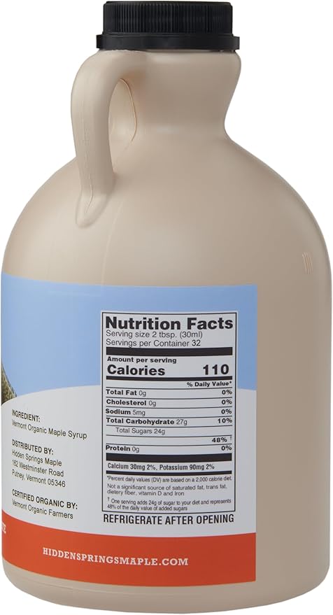 Hidden Springs Maple Organic Vermont Maple Syrup, Grade A Amber Rich, 32 Ounce, 1 Quart, Family Farms, BPA-free Jug