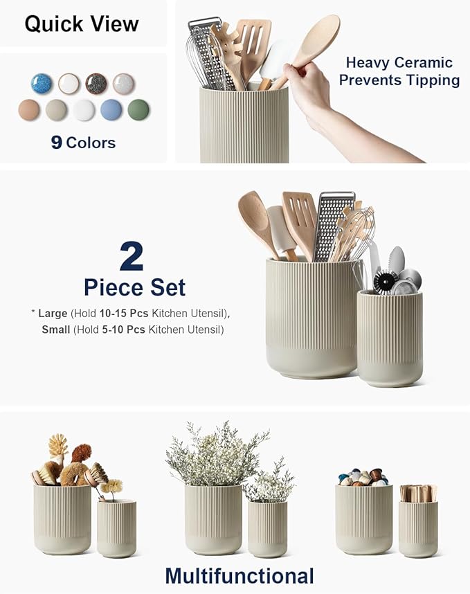 LE TAUCI Utensil Holder, 7.3"+5.4" Ceramic Kitchen Utensil Holder for Countertop, Large Cooking Utensil Crocks for Kitchen Counter, Morden Utensil Organizer for Spatula, Set of 2, Oatmeal Greige