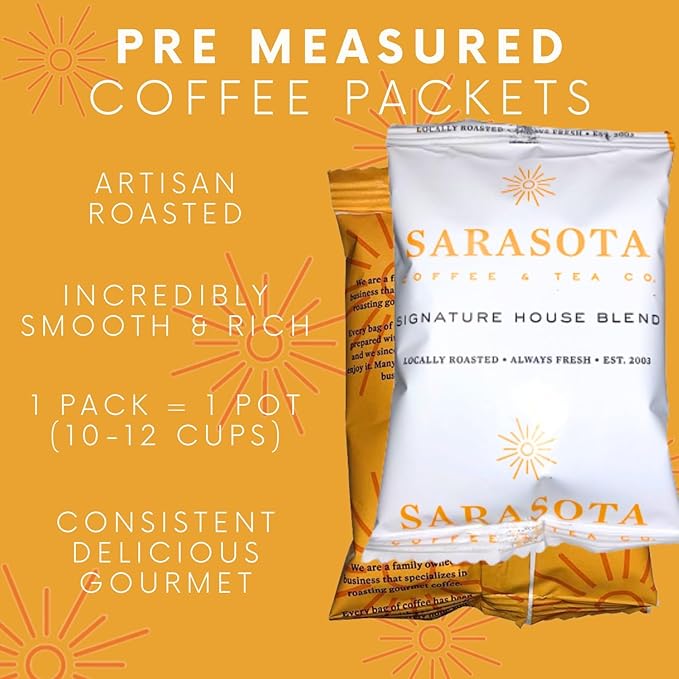 Sarasota Coffee Ground Packets | Gourmet Medium Roast Bulk Packs | Breakfast Blend | Low Acid Mold Free Individual Single Pot Pouches for 12 Cup Coffee Maker | 2 Ounce Bags, 36 Count