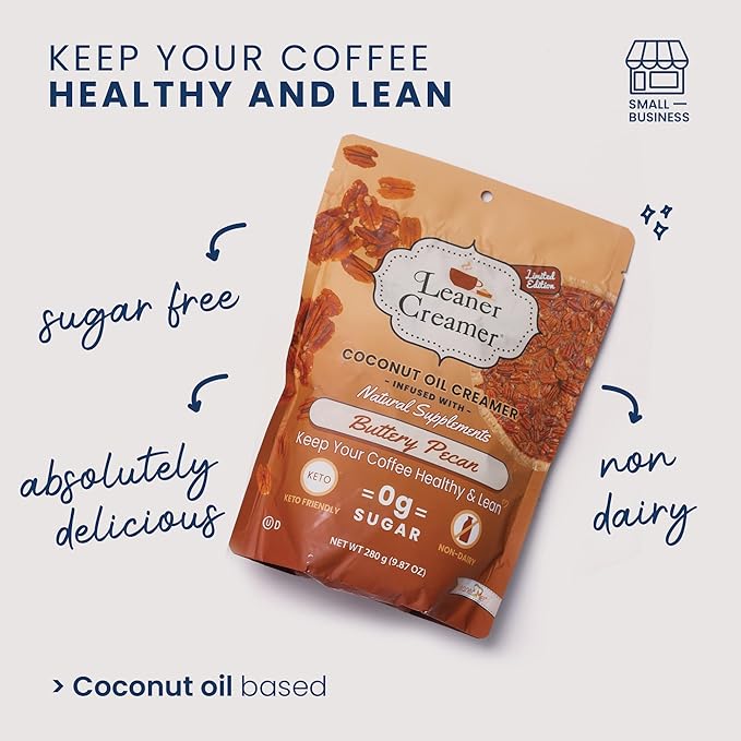 Leaner Creamer Non-Dairy Sugar Free Coffee Creamer Powder. Perfect Coconut Oil Non-Dairy Powder To Naturally Cream and Sweeten Coffee, Smoothies, Protein Shakes & More! Ideal Flavoring For All Diets (Buttery Pecan Pouch (9.87 oz))