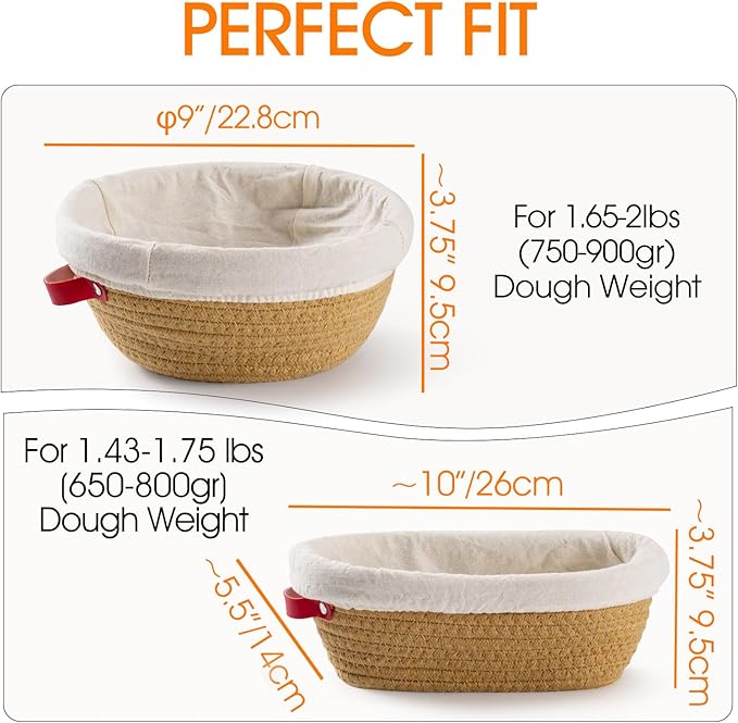 Cotton Rope Banneton Bread Proofing Basket Set - Includes handmade two round bread baskets with liners and covers. Ideal for sourdough bread baking supplies and starters