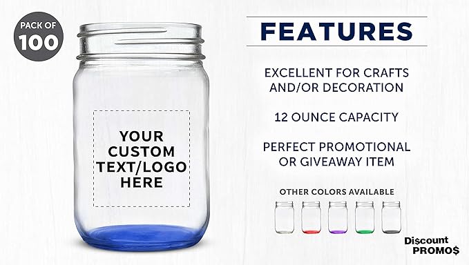 DISCOUNT PROMOS Custom Decorating Mason Jars 12 oz. Set of 100, Personalized Bulk Pack - Glass Jars for Overnight Oats, Candies, Fruits, Pickles, Spices, Beverages - Blue
