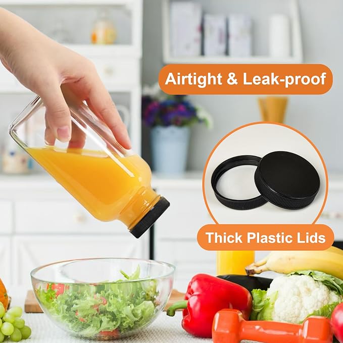 6 Pack 12oz Glass Water Bottles, 350ml Empty Glass Juice Bottles with Black Lids, Brush & Labels, Clear Reusable Drinking Jars for Juicing, Homemade Smoothies, Beverages