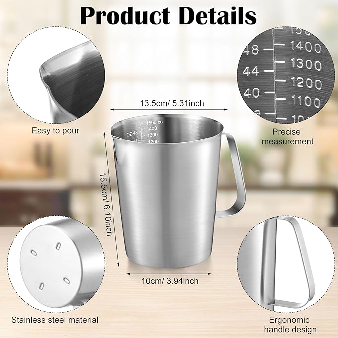 Flutesan 3 Pcs Stainless Steel Measuring Cups Measuring Pitcher with Handle with Markings for Latte Art, Water Pouring 6 Cup (50 oz)