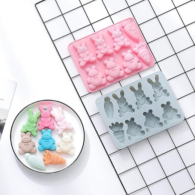 2 Pcs Easter Silicone Molds, 8- Cavity Non-Stick Bunny Carrot Baking Molds, Chocolate Cake Molds, for Making Candy, Soap, Ice Cube, Pudding, Jelly, Soap, Cake Topper Decoration