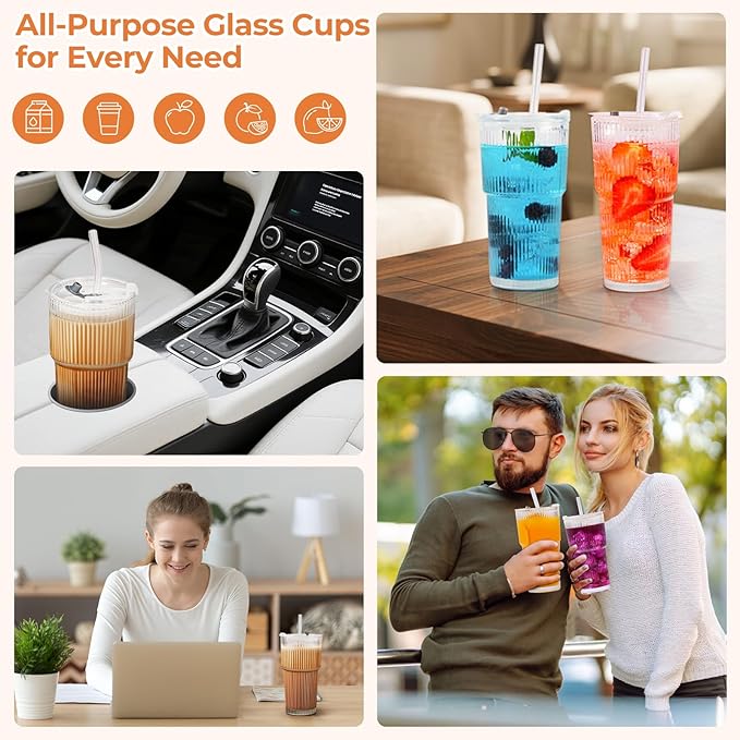 2 Pack 20 Oz Glass Cups with Lids and Straws Iced Coffee Cups Vintage Ribbed Glassware for Beer Ice Coffee Fruit Juice Elegant Aesthetic Cup Glass Iced Coffee Tumbler Include 1 Cleaning Brushes