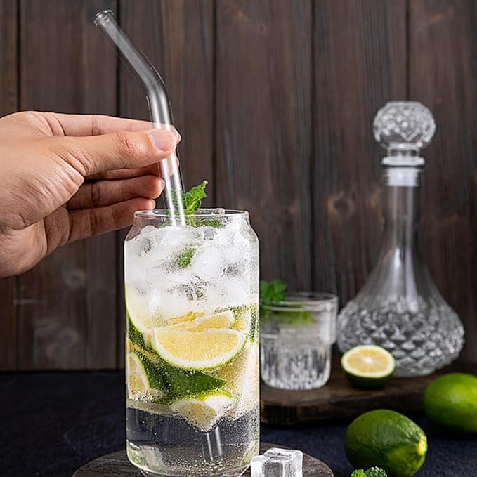 Lazycorner Reusable Glass Straws Set 16 Pcs 8.5''x 10MM Bent Clear Glass Drinking Straws, Set of 16 Bent with 4 Cleaning Brushes. Reusable Straws Perfect For Smoothies, Tea, Juice-Clear Cocktail.