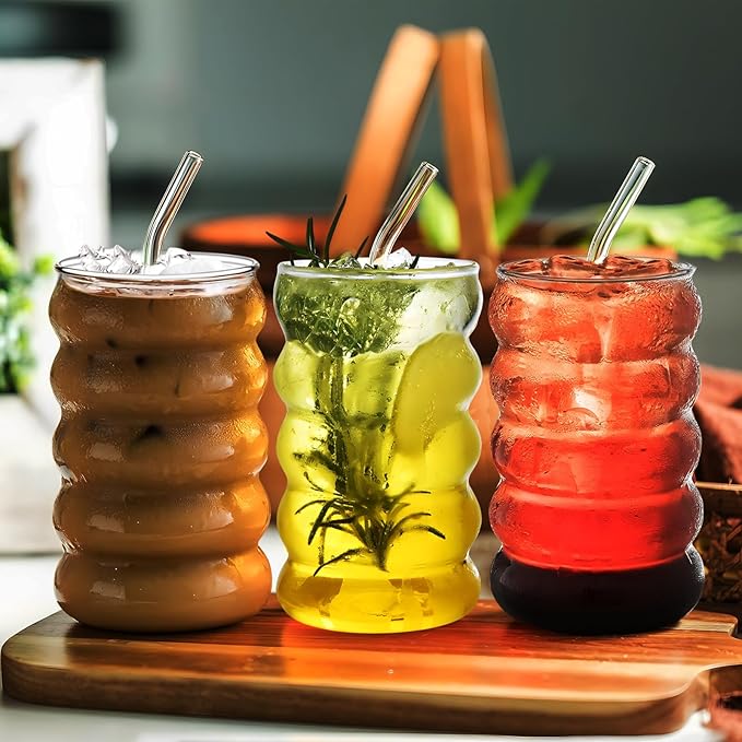 4 Pcs 20oz Drinking Glasses Set with Bamboo Lids and Straws, Cute Iced Coffee Glass Cups, Iced Coffee Tumblers, Thick Drinking Jars for Smoothie, Boba Milk Tea, Ideal for Gift, with Straw Brush