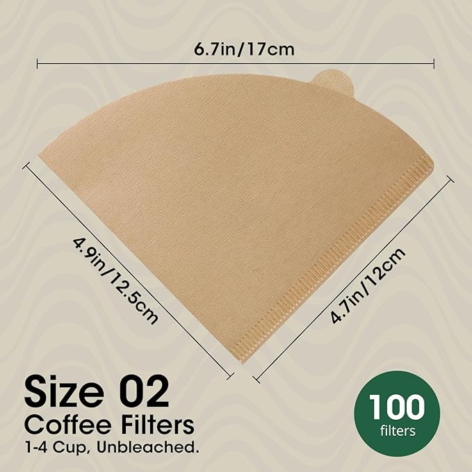 V60 Coffee Filters 02, ONIOU Unbleached Size 02 Cone Coffee Filters, 100 Count Natural Brown Pour Over Paper Filters for Hario V60 & Others 1–4 Cup Coffee Dripper